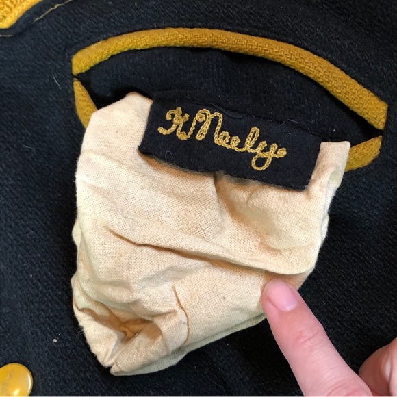 50s Black Gold Wool Letterman Varsity Jacket Distressed Athletic Satin Lining - Picture 3 of 10